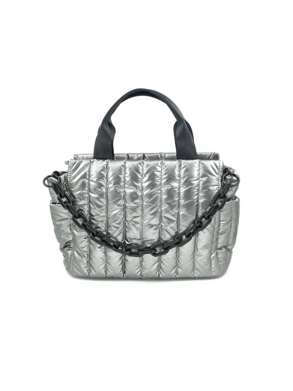NEW BC HANDBAGS puffer tote bag with chain in silver